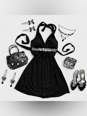 Y2K Party Homecoming Speechless Black Halter Rhinestone Mini Dress Waist Medium